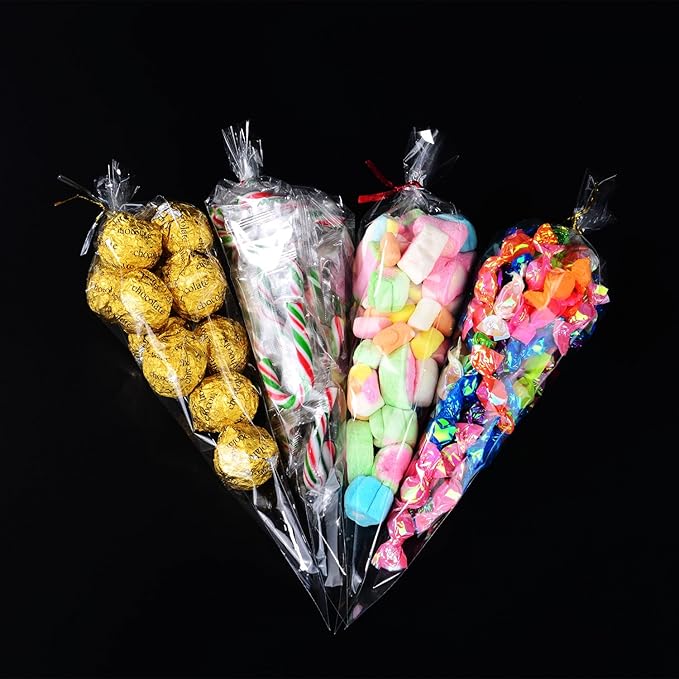 Outus 100 Pcs 7 x 12 Inch Cone Shaped Clear Cello Cellophane Treat Bags Medium Transparent Cone Cello Sweet Treat Bags with 100 Pieces Twist Ties for Party Favor(Silver Twist Ties)