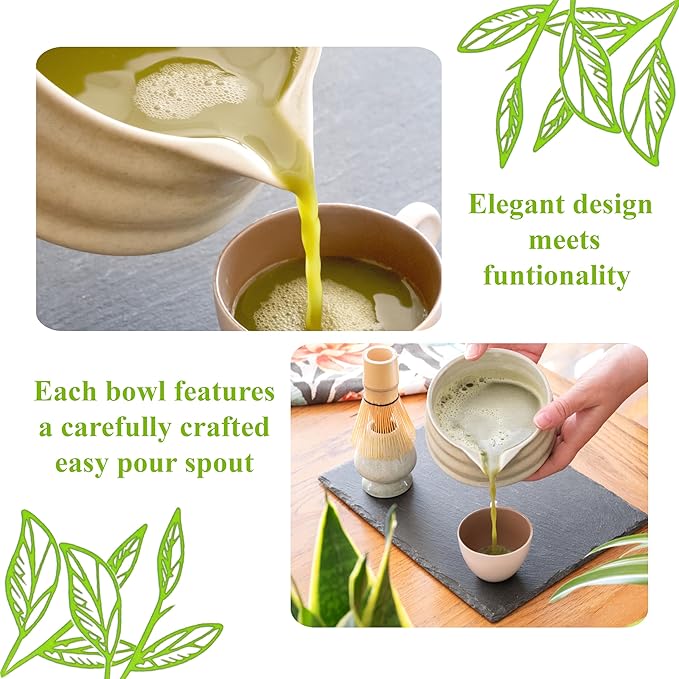 Matcha Whisk Set- Matcha Set includes Matcha Whisk and Bowl (Bowl with Spout), Sifter, Holder and Scoop- The Perfect Bamboo Whisk for Matcha Tea (Molted Green)