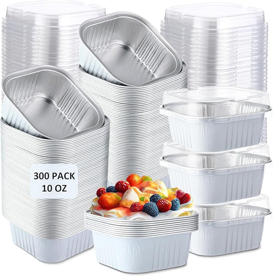Aoriher 300 Pieces 10 oz Mini Cake Pans with Lids, Aluminum Foil Baking Cups, Square Disposable Cupcake Cups Baking Tins for Wedding Birthday Party Supplies(White, Silver)