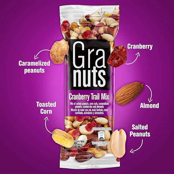 Granuts Cranberry Trail Mix | Caramelized Peanuts | Crunchy Corn Nuts + Almonds | Soft Cranberries | Salty + Sweet Flavors | On-the-Go Snack | 4 Packs of 1.76 Oz (48 Inner Packs)