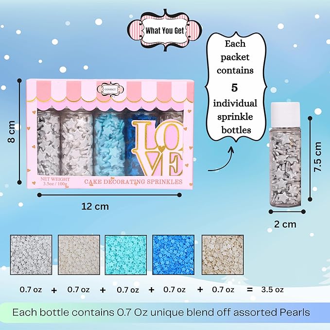 Confect Christmas Sprinkles | Frozen Sprinkles for Baking & Cake Decorative | Christmas jimmies sprinkles |stars Sprinkles Pack of 5 sprinkles -Blue, White, Gold and silver color sprinkles| Dessert Decorating - Frozen Sprinkles Toppings -5 Oz