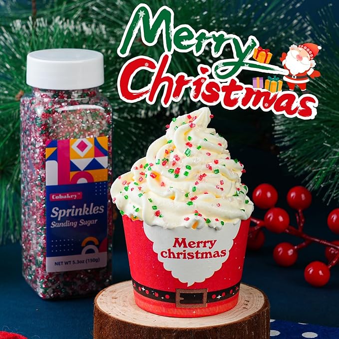 Christmas Sanding Sugar 5.3 ounces Edible Pastel Sprinkle Red Green and White Sparkling Sugar Mix, Perfect for Cake Decorations, Baking, Ice Cream, Cookies, Cupcake Topper