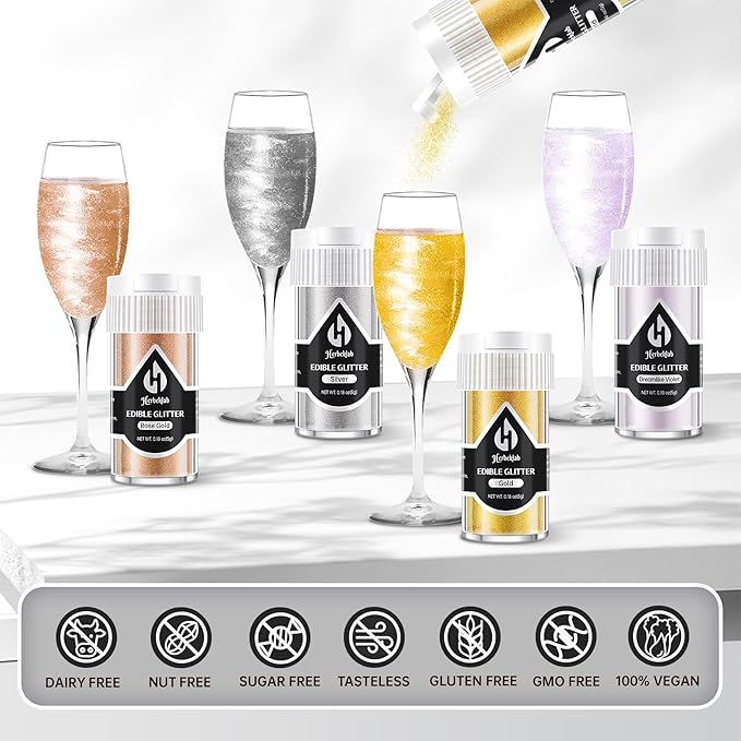 Edible Glitter – 4 Colors Luster Dust Drink Glitter, Food Grade Cocktail Shimmer Powder for Beverages, Cakes, Chocolate & Candy, 5g/Bottle