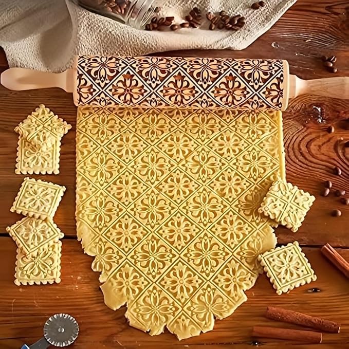 Christmas Wooden Embossing Rolling Pin - Engraved Snowflake Flower Design, Cookie Stamps Roller for Embossed Cookies, Cute Kitchen Decor DIY Baking Tool for Kids and Adults (Flower Window)