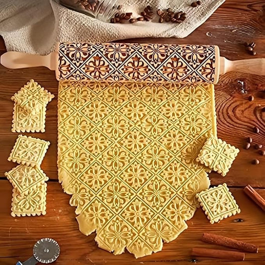 Christmas Wooden Embossing Rolling Pin - Engraved Snowflake Flower Design, Cookie Stamps Roller for Embossed Cookies, Cute Kitchen Decor DIY Baking Tool for Kids and Adults (Flower Window)