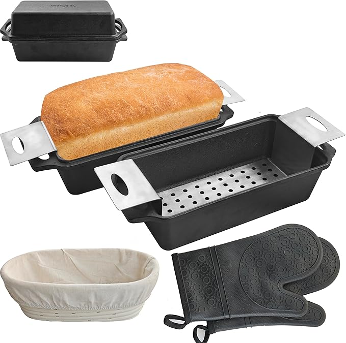 9x4.3 Inch Cast Iron Loaf Pan with Lid - 1.8 QT Durable Loaf Pans Rectangular Baking Pan Even Heat Distribution for home baking 2 Piece Set (Stainless steel grill mat 4-Piece set, Small)