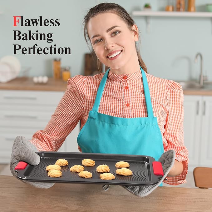Baking Pans Set with Circle Grooves, 2-Piece 16x11in Nonstick Cookie Sheets for Baking & Roasting, Baking Sheet with Red Grips, PFAS/PTFE Free,Gray