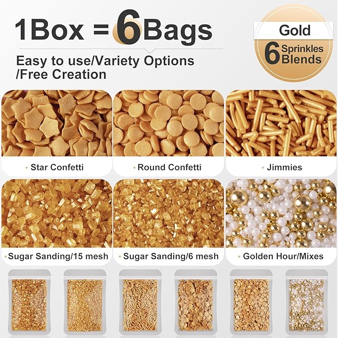 HUEBEATY 6-in-1 Gold Sprinkles Edible for Cake Decorating | 180g/6.36oz | Gold Coin & Star Confetti Sprinkles, Sanding Sugar, Jimmies for Cookies, Cupcakes and Chocolates, Mardi Gras King Cake Sprinkles