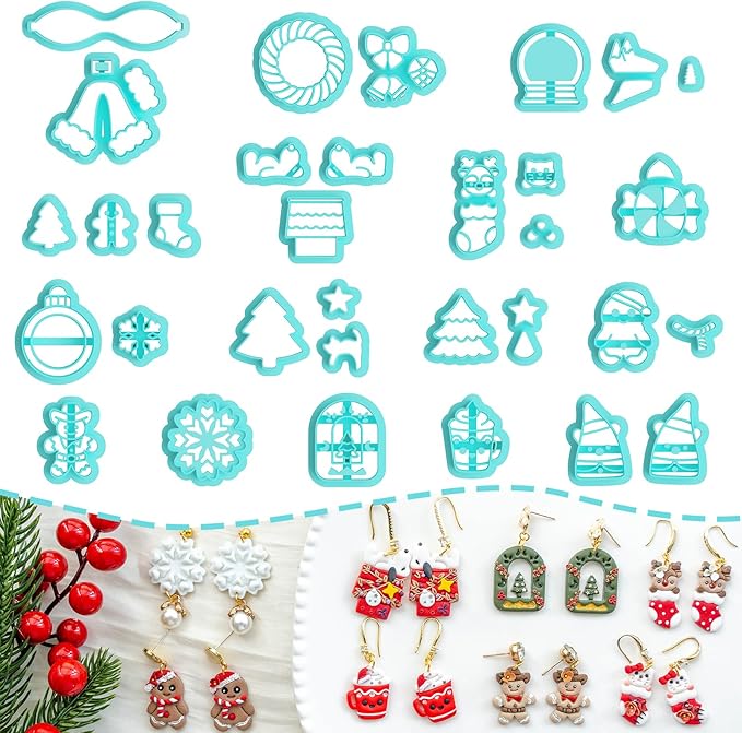 Tainsky Christmas Polymer Clay Cutters, 32 Shapes Winter Clay Earrings Cutters for Polymer Clay Jewelry