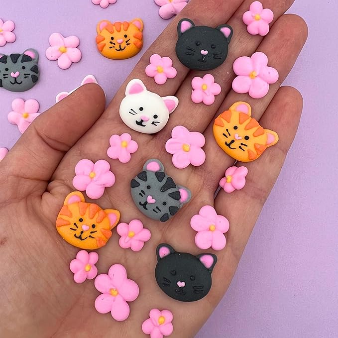 Icing Kittens & Blossoms | 26 Pieces | Sugar Decorations | Icing Cats | Mini Sugar Cats | Edible Sugar Kitties | Icing Flowers | Cat Sprinkles | Sprinkle Mix | Pink Flowers | Royal Icing Cats | Simply Sucré (52 Kittens & Blossoms)