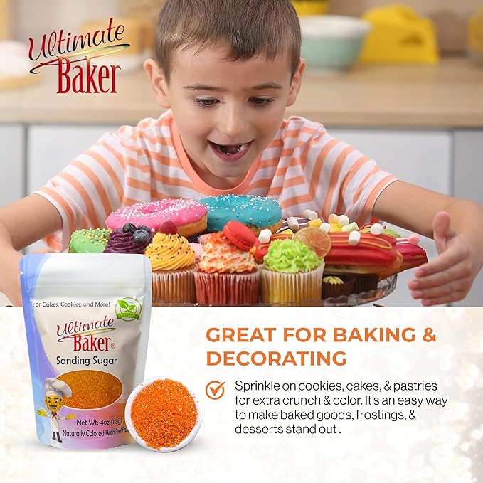 Ultimate Baker - Sanding Sugar, Orange - Vibrant, Naturally Colored Baking & Decorating Sugar, Perfect for Sprinkling on Cakes, Desserts & Confections, Medium Crystal - 4oz
