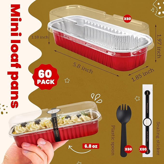 Mini Loaf Pans with Lids and Spoons Rectangular Aluminum Foil Baking Pans Mini Cheesecake Containers 6.8oz(60 Pack, Red)