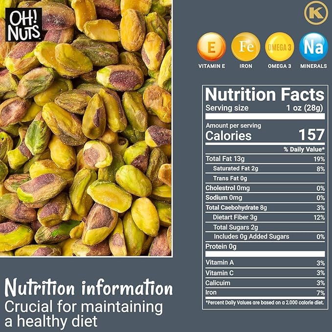 Oh! Nuts Raw Whole California Pistachios No Shell 8 oz, Fresh Shell-Less California Pistachios Bulk Bag - Healthy Snacking Large Nuts for Paleo, Keto, Vegan & Plant-Based Diet