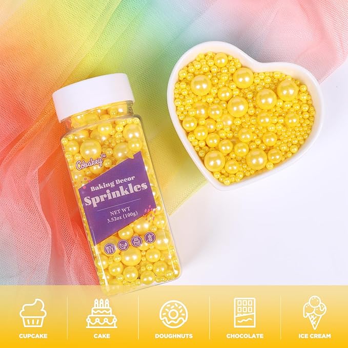 Cobakey Yellow Pearl Sprinkles for Cake Decorations 3.52 ounce Edible Pearl Sugar Sprinkles for Cupcake Toppers Wedding Party Valentines Halloween Christmas Supplies