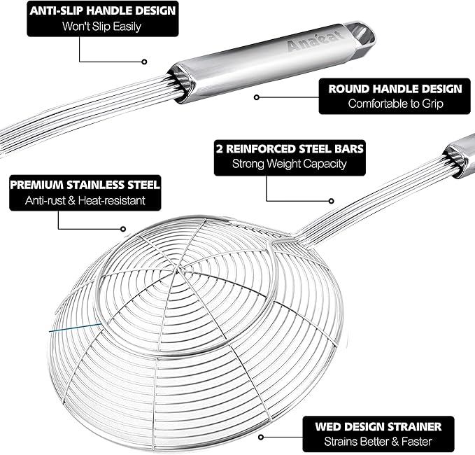 Anaeat Stainless Steel Spider Strainer Skimmer - Solid Kitchen Strainer Ladle with Long Handle for Cooking and Frying, Reinforced Double Coil Slotted Spoons for Pasta, Noodle, Spaghetti (7 Inch)