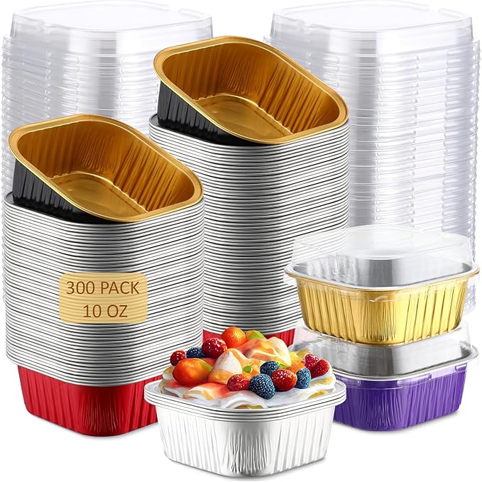 Aoriher 300 Pieces 10 oz Mini Cake Pans with Lids, Aluminum Foil Baking Cups, Square Disposable Cupcake Cups Baking Tins for Wedding Birthday Party Supplies(Multicolor)