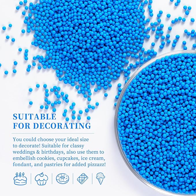 Edible Blue Sprinkles, Blue Nonpareils Sprinkles, 2mm Pearls Sprinkle for Cake Decorating and Baking, for Patriotic, 4th of July, Birthday, Winter Theme Party, and Baby Showers(4.23oz/120g)