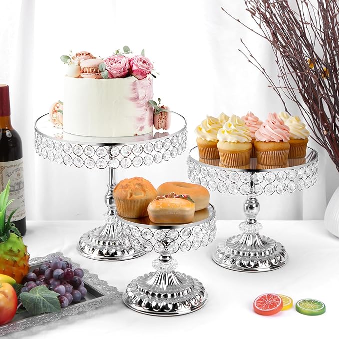 12-Piece Silver Cake Stand Set, Vintage Cake Stand with Crystal Edge and Cupcake Display Tray, Dessert Table Display Set for Wedding, Party, Baby Shower, Anniversary Celebration
