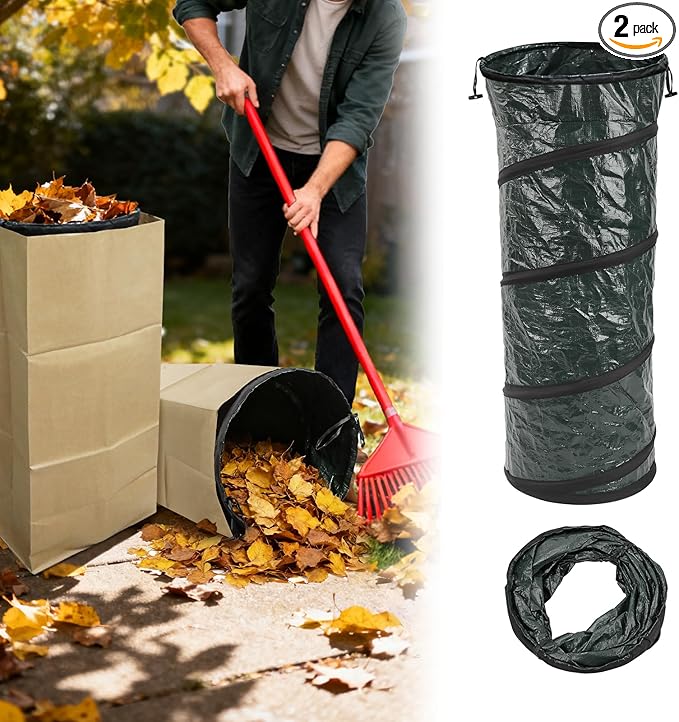 2Pcs Reusable Lawn Bag Funnel Holder, Heavy Duty PP Yard Leaf/Waste Bag, Stabilizer for 30 Gallon Paper Bags, Fits Patio, Lawn and Garden, Composting (green) (2)