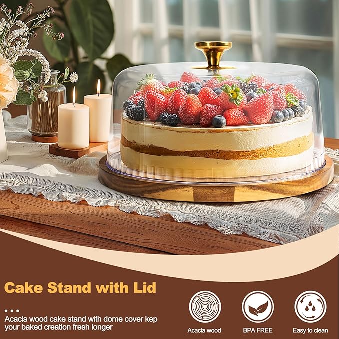 Cake Stand, 12" Wood Cake Holder with Dome, Dessert Stand with Acrylic Lid Cover, Appetizer Dessert Cheese Serving Platter for Parties, Birthday, Weddings
