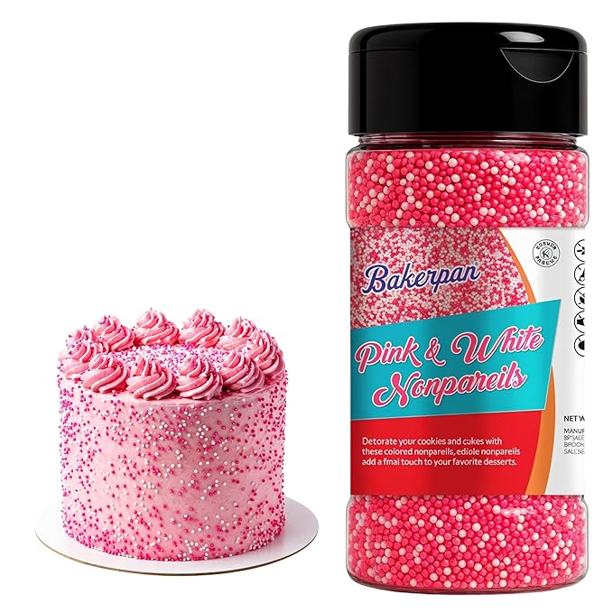Bakerpan Sprinkles for Cake Decorating - 7 Ounces Pink and White Nonpareils Sprinkles - Edible Nonpareils for Cupcakes, Ice Cream, Cake Decorations (Made in USA)