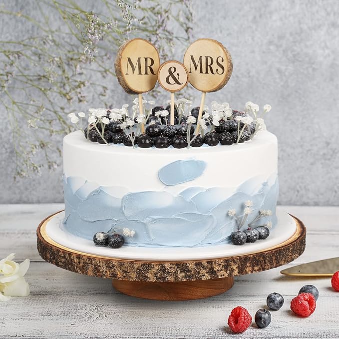 12” Wood Cake Stand with Wooden Slice Cake Topper and Cake Cutting Set, Suitable for Wedding Receptions or Any Special Events