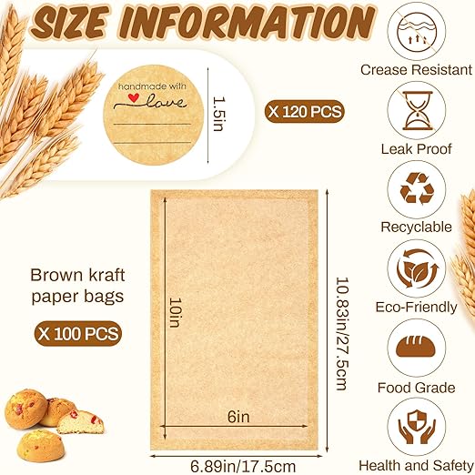 Outus 100 Pcs Cookie Packaging Bags with Seal, 6 x 10 Inch Bakery Pastry Bags with Window, Heat Sealable Grease Resistant Paper to Go Bake Sleeves for Gift Giving Donut Bread Sandwich (Brown)