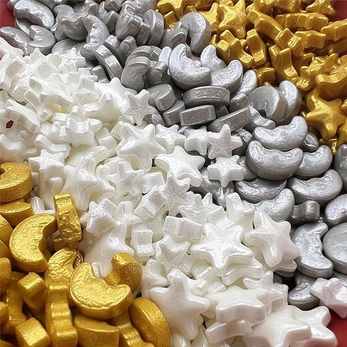 SE Si&Moos Moon and Star Candy Decorations Edible Gold and White Star Sprinkles Gold and Silver Moon Sprinkles for Cakes, Cupcakes, Cookies, Shower Party Birthday Holiday Supplies 3.5 OZ