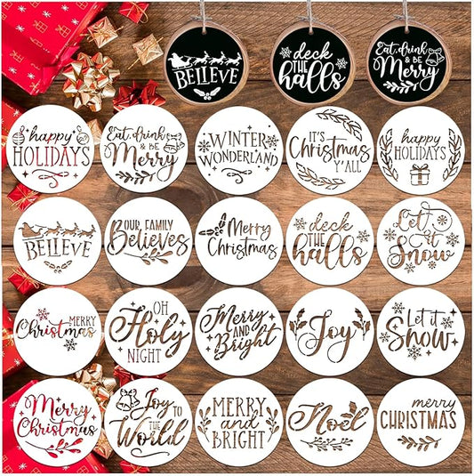 Small Christmas Stencils for Painting on Wood Reusable 4in Round Small Holiday Merry Christmas Stencils Ornament Stencil for Wood Cards Scrapbook Journal Cookie Glass (20pcs Words 4in Round)