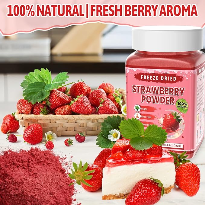 Freeze Dried Strawberry Powder - Kiigfood 4.3 oz/120g Natural Strawberry Powder Fruit Powder, Strawberries Source for Smoothie, Drinks, Christmas Baking, Cakes Decoration - Vegan, Non-GMO, Gluten-Free