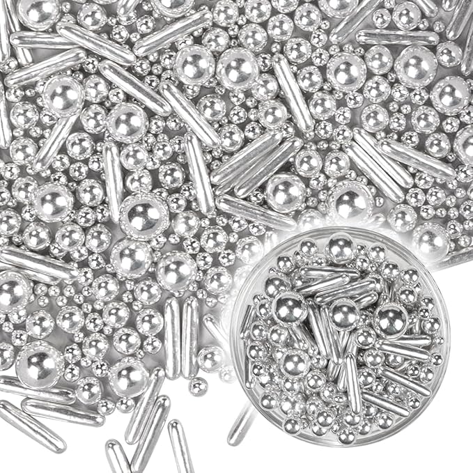 Dazzjoy Silver Pearl Rods Sprinkles, 130g/4.58oz, Mix Size, Pearl Sprinkles for Cupcake Decorating, Cupcake Toppers, Cake Decorations, Ice Cream, Wedding Party Valentines Easter Supplies