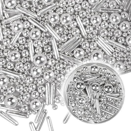 Dazzjoy Silver Pearl Rods Sprinkles, 130g/4.58oz, Mix Size, Pearl Sprinkles for Cupcake Decorating, Cupcake Toppers, Cake Decorations, Ice Cream, Wedding Party Valentines Easter Supplies