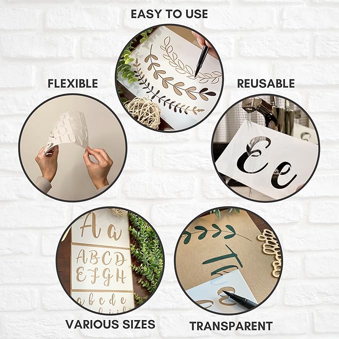 Boutique Stencil Template Kit | 45 Reusable Pieces | Includes Lettering Uppercase Both Large and Small | Numbers, Punctuation, Butterfly, Animal, Bee, Leaf & Flowers | for Arts Crafts Painting Wood