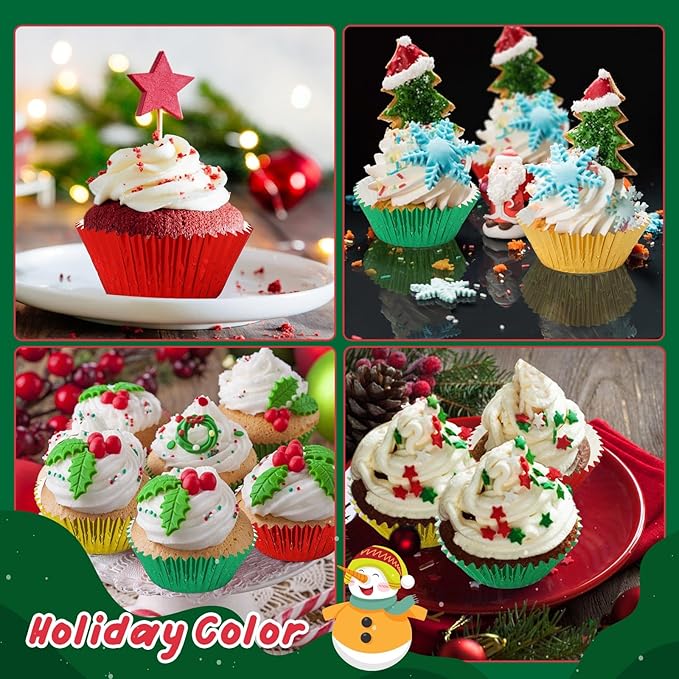 SANNIX 450Pcs Foil Cupcake Liners Christmas Metallic Cupcake Liners Muffin Baking Cups Christmas Cupcake Wrappers for Party Birthdays Baby Showers (Red, Green, Gold)