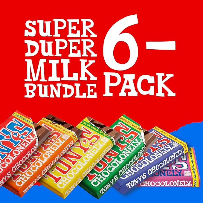 Tony’s Chocolonely Super Duper Milk Chocolate Candy Bar Bundle, Milk & White Chocolate With Sea Salt, Caramel, Pretzel Toffee, Almond, Hazelnut, Made From Quality Fairtrade Cocoa, 6 Bars, 6.35 Oz Each