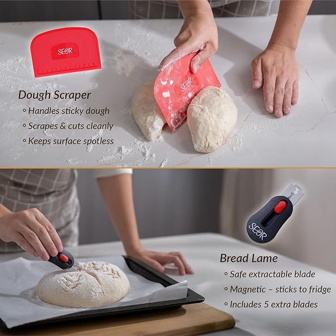 8Pc Sourdough Bread Making Starter Kit; Supplies with Tools for Perfect Sourdough Bread Loaf; Glass Sourdough Starter Fermentation Jar and 2 Breathable Sourdough Proofing Baskets