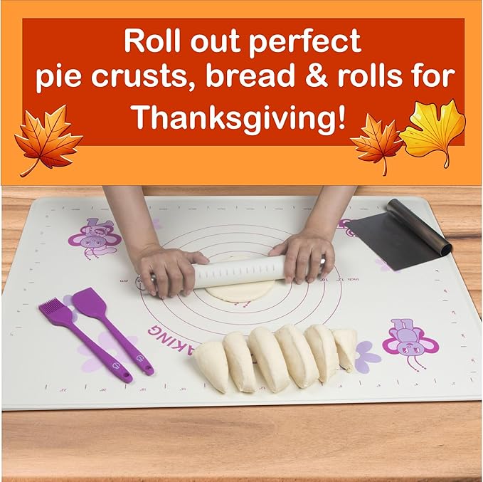 Silicone Baking Mat Set | Extra Large Non-Stick Pastry Mat with Rolling Pin, Dough Cutter, Spatula & Brush | For Cookies, Pie Crust, Pizza, Bread | Easy Clean Baking Kit