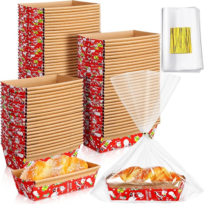 100 Sets Christmas Paper Loaf Pans Mini Disposable Baking Bread Pans with 100 Pcs Clear Bread Bags with Ties Rectangle Loaf Molds for Cake Oven Baker(5.9 x 2.6 x 2 Inches)