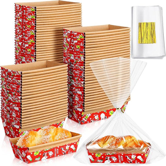 100 Sets Christmas Paper Loaf Pans Mini Disposable Baking Bread Pans with 100 Pcs Clear Bread Bags with Ties Rectangle Loaf Molds for Cake Oven Baker(5.9 x 2.6 x 2 Inches)