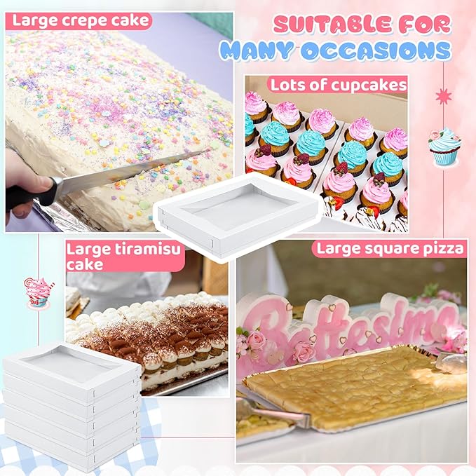 10 Sets 26 x 18 x 4 Inch Corrugated Full Sheet Cake Box with Window Include 10 Paperboard Cake Box Bottom 10 Bakery Top 10 Greaseproof Pad Tray for Dessert