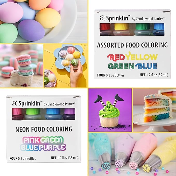Candlewood Pantry B. Sprinklin Assorted Liquid Food Coloring Kit, 8 Bottles, 0.3 fL Oz/Neon and Regular (4) Colors - Vibrant Food Dye for Slime Crafts, Eggs, Frosting and Cake Decorating