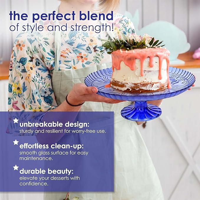 Amici Home Flower Footed Glass Cake Stand | Round Vintage Style Cake Plate | Serving Platter for Cupcakes, Cookies | Dessert Display Stand for Parties, Weddings, and Gift | 10” D x 4” H (Cobalt)