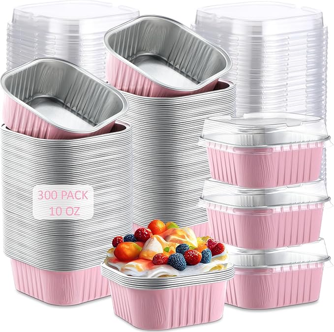Aoriher 300 Pieces 10 oz Mini Cake Pans with Lids, Aluminum Foil Baking Cups, Square Disposable Cupcake Cups Baking Tins for Wedding Birthday Party Supplies(Pink)