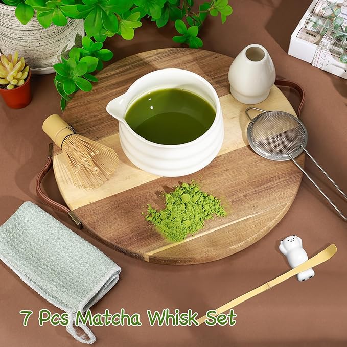 7 Pcs Matcha Whisk Set Macha Kit with Chawan Spout Bowl Bamboo Brush Chasen Holder Powder Starter Sifter Ceramic Japanese Making Matcha Tea Tool with Spoon and Tea Towel for Ceremony Gift (White)