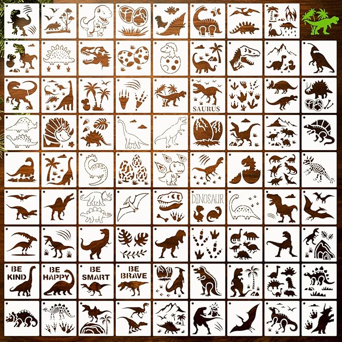 80 Pcs 6 x 6 Inch Stencils for Painting on Wood, Reusable Dinosaur Animal Mountain Plastic Stencils DIY Craft Paint Template Set for Wall Card Rock Home Decor