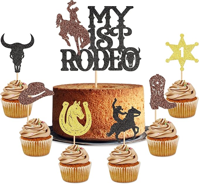 25Pcs Glitter Cowboy Cake Toppers Western Theme Cupcake Picks with Horseshoes, Hats & Boots for Baby Shower & Boys Birthday Party Decorations