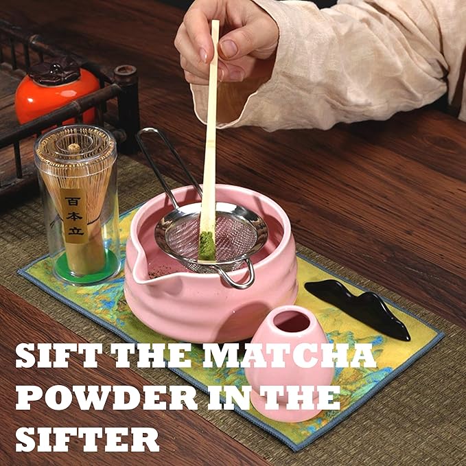 Pink Matcha Whisk Set 5pcs Matcha Set With A Bowl, Mini Whisk And Holder, Bamboo Scoop And Stainless Steel Sifter Perfect Matcha Kit For Gifts