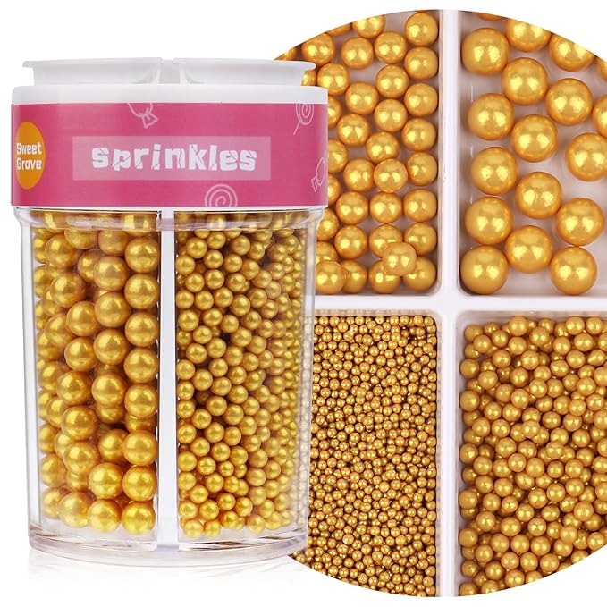 Gold Sprinkles for Cake Decorating, 7.8oz Edible Pearl Sprinkles, Sugar Candy Pearls for Baking, Cookie Decorations & Cupcake Topper, Wedding Party Christmas Supplies (Matte Gold, 4 Sizes)