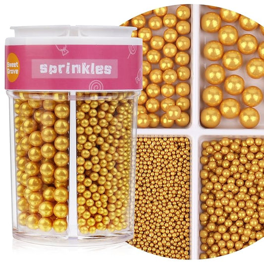 Gold Sprinkles for Cake Decorating, 7.8oz Edible Pearl Sprinkles, Sugar Candy Pearls for Baking, Cookie Decorations & Cupcake Topper, Wedding Party Christmas Supplies (Matte Gold, 4 Sizes)