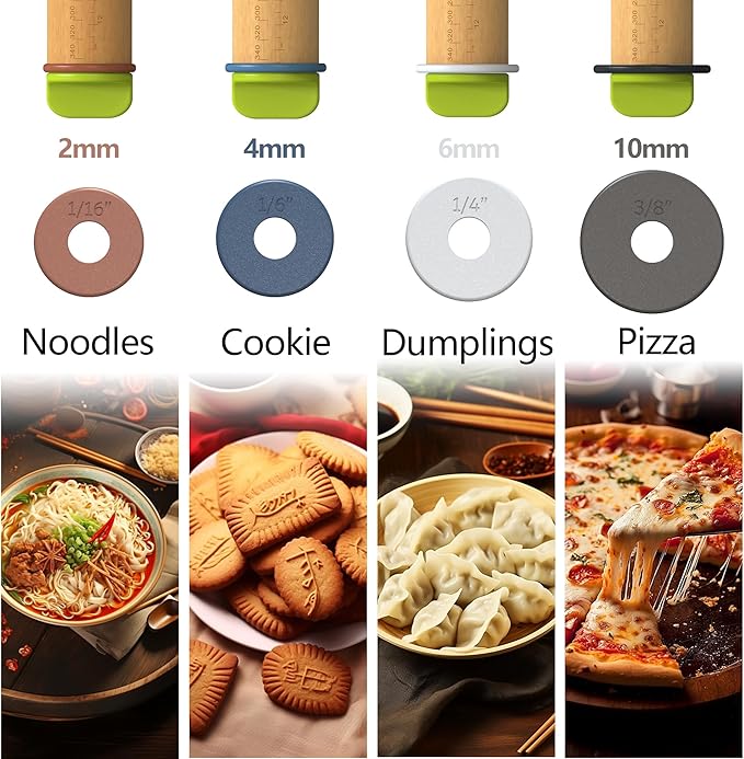 Rolling Pin with Adjustable Thickness Rings and Pastry Baking Mat Dough Thickness for Baking, Fondant, Pizza, Pie, Cookies, Pastries, 13.6" with 4 Multi-Color Thickness Rings and Wooden Stand